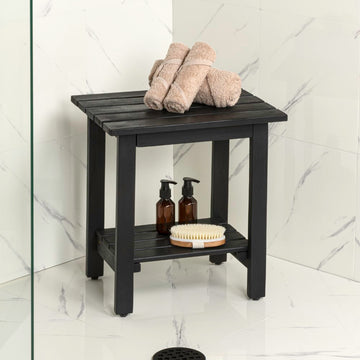Kellie 16.1" Cottage Classic Slatted Solid Acacia Wood Indoor/Outdoor Shower Bench with Shelf